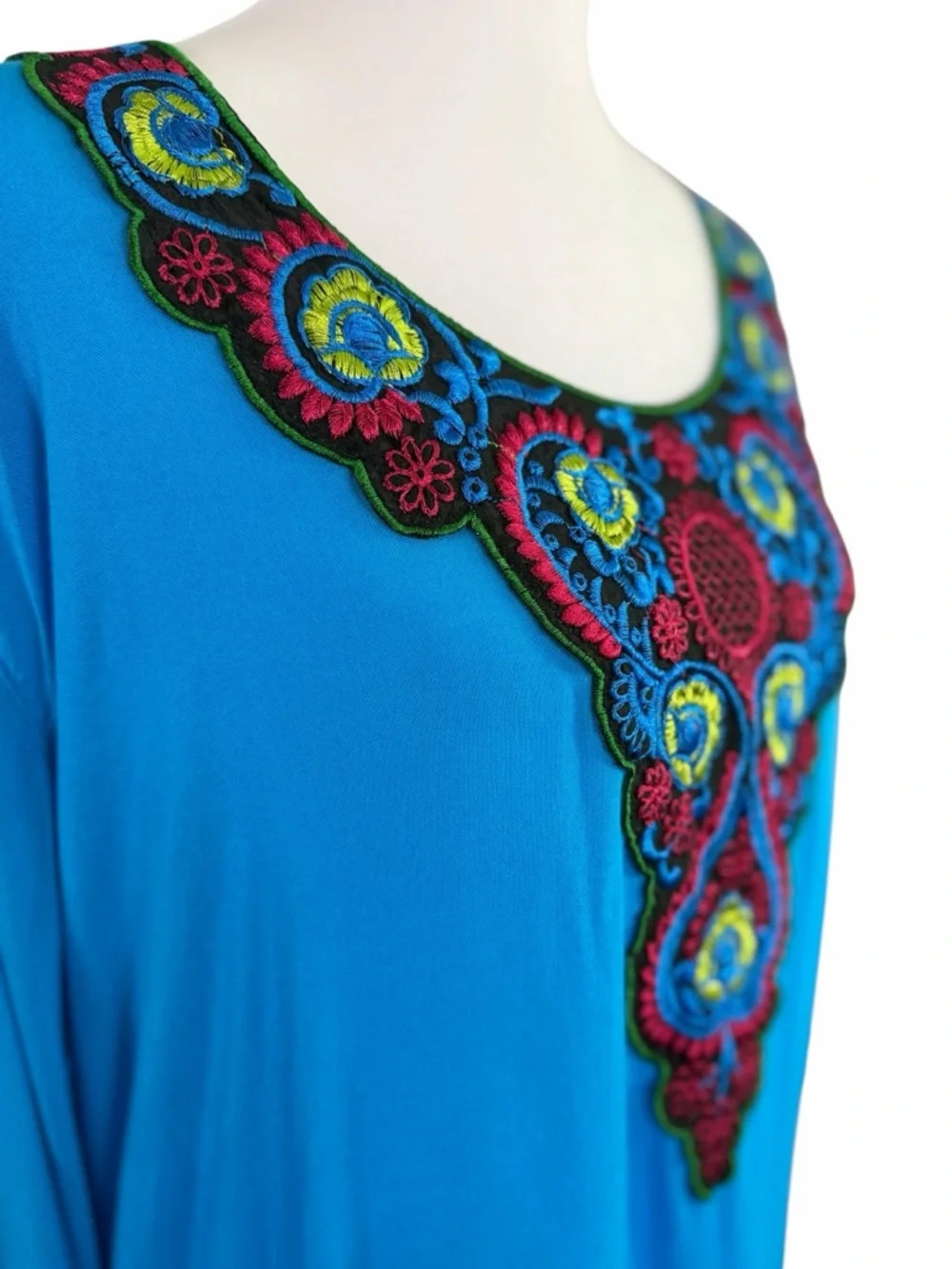 Anji Blue Embroidered Boho Top | Lightweight Flowy Tunic Chic Statement Blouse S
